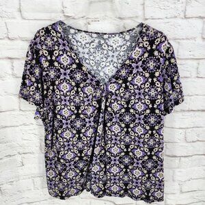 Croft & Barrow Women Dark Kaleidoscope Print V Neck Office Work Purple Size 2X
